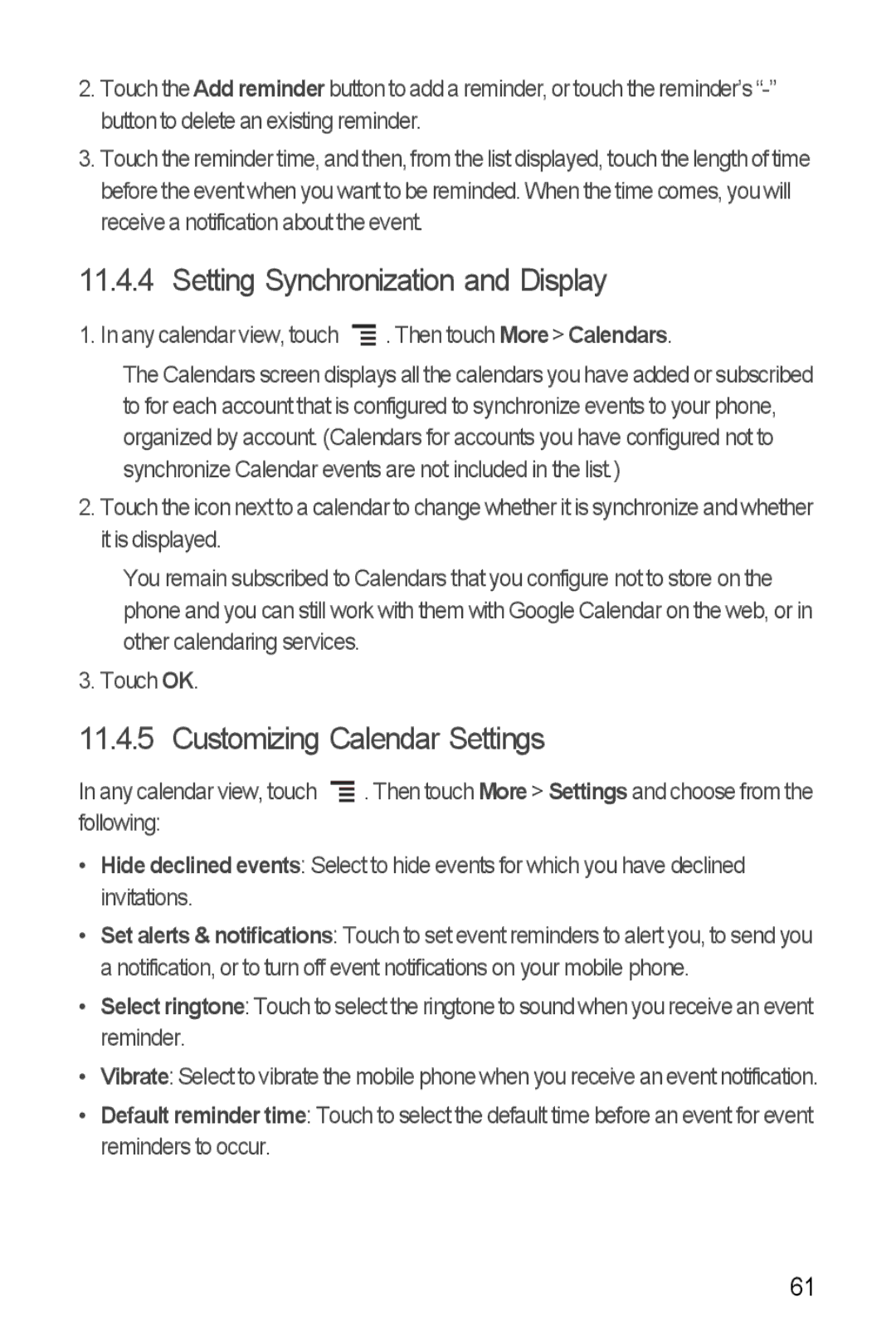 Huawei U8860 manual Setting Synchronization and Display, Customizing Calendar Settings 