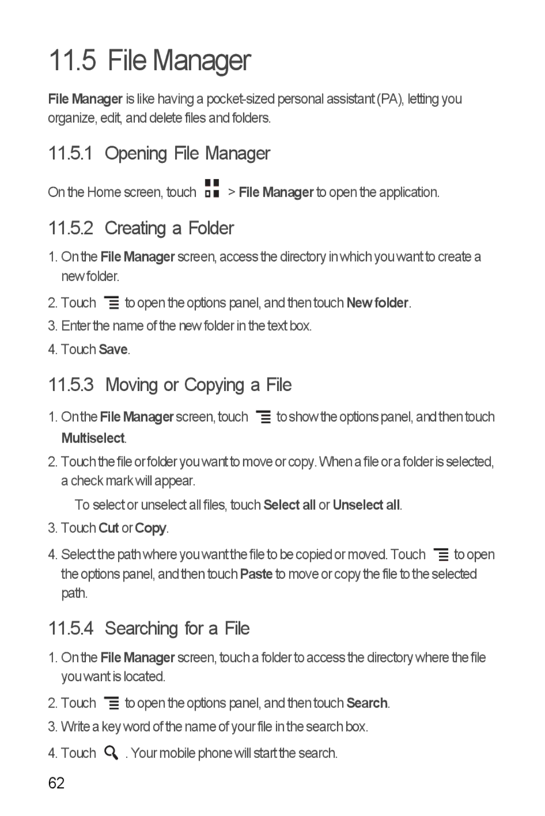 Huawei U8860 manual Opening File Manager, Creating a Folder, Moving or Copying a File, Searching for a File 