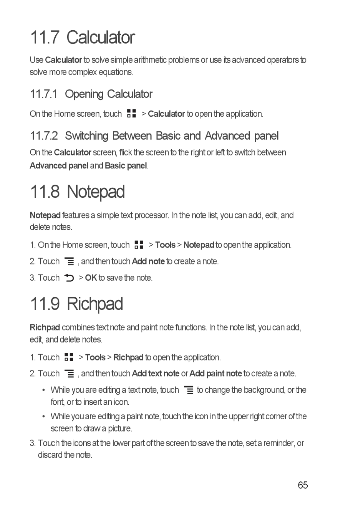 Huawei U8860 manual Richpad, Opening Calculator, Switching Between Basic and Advanced panel 