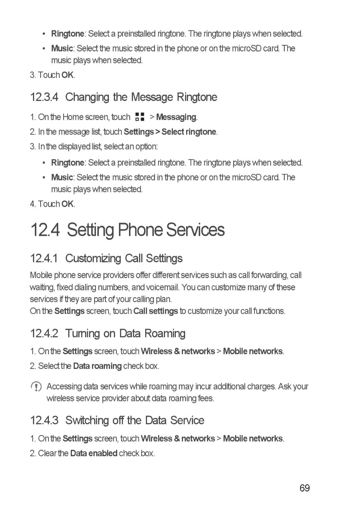 Huawei U8860 Setting Phone Services, Changing the Message Ringtone, Customizing Call Settings, Turning on Data Roaming 