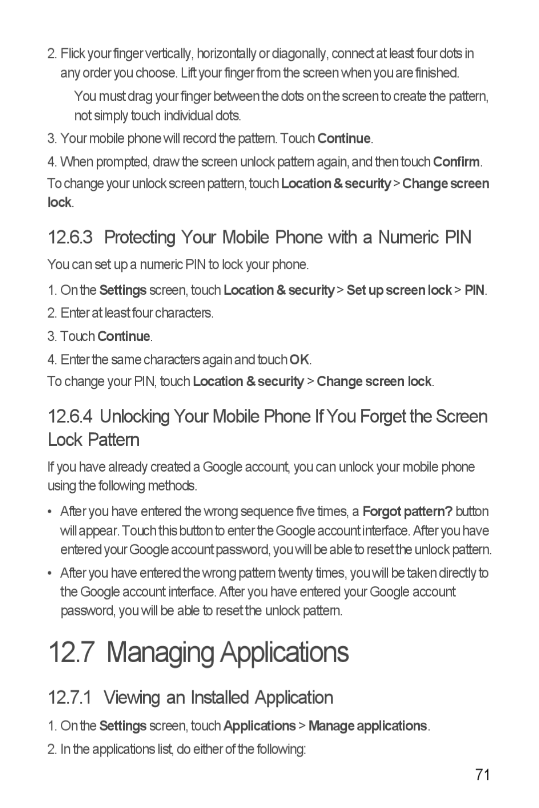 Huawei U8860 Managing Applications, Protecting Your Mobile Phone with a Numeric PIN, Viewing an Installed Application 