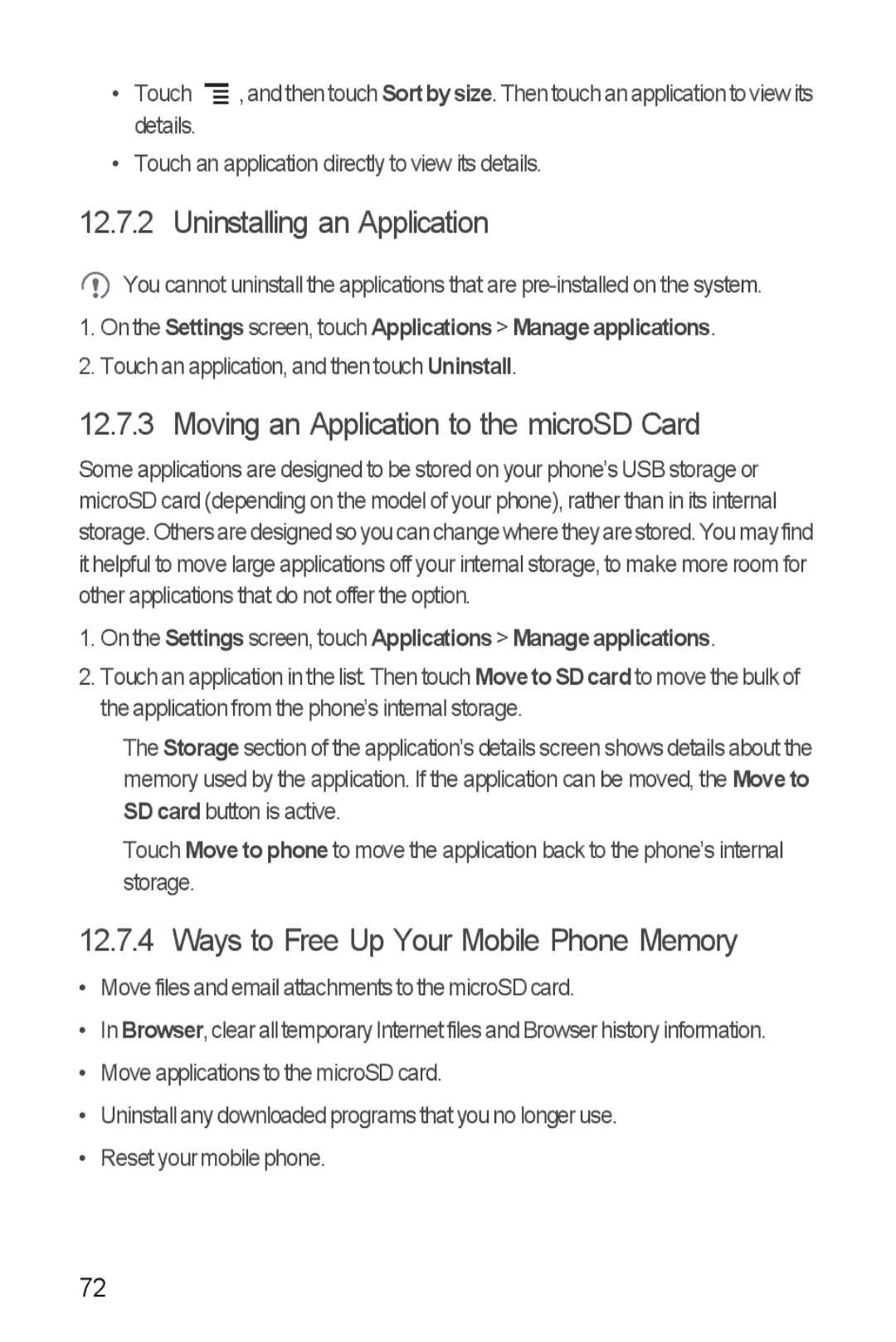 Huawei U8860 manual Moving an Application to the microSD Card, Ways to Free Up Your Mobile Phone Memory 