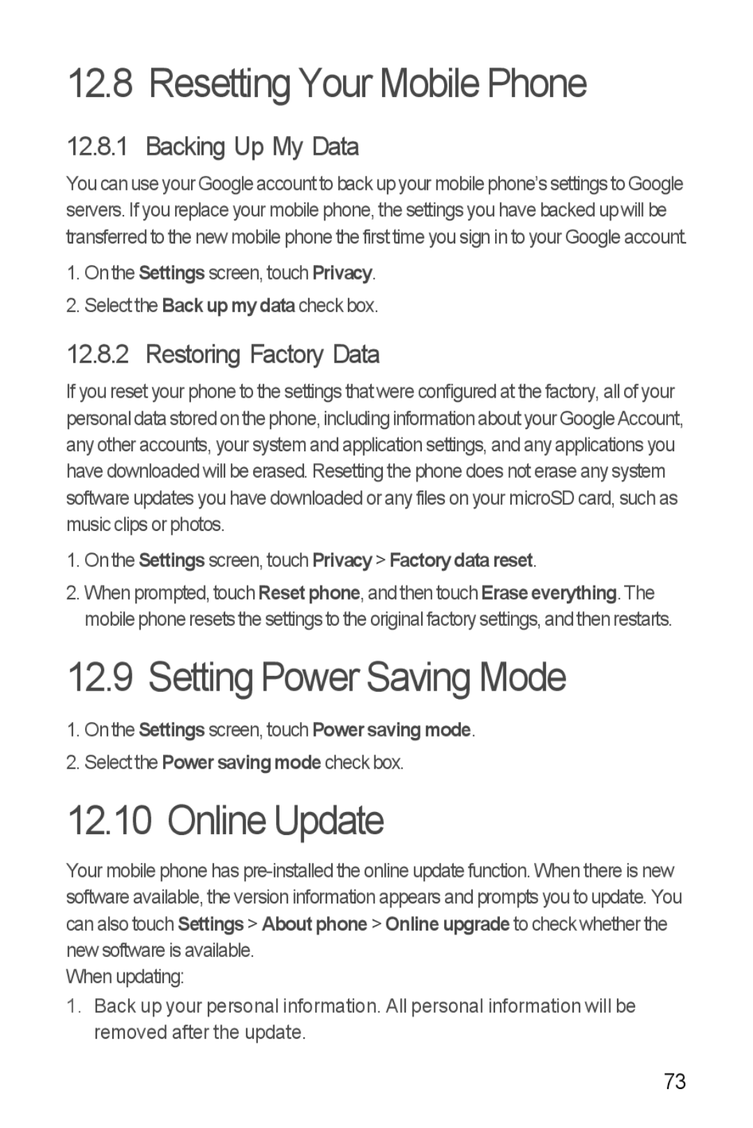 Huawei U8860 manual Resetting Your Mobile Phone, Setting Power Saving Mode, Online Update, Backing Up My Data 