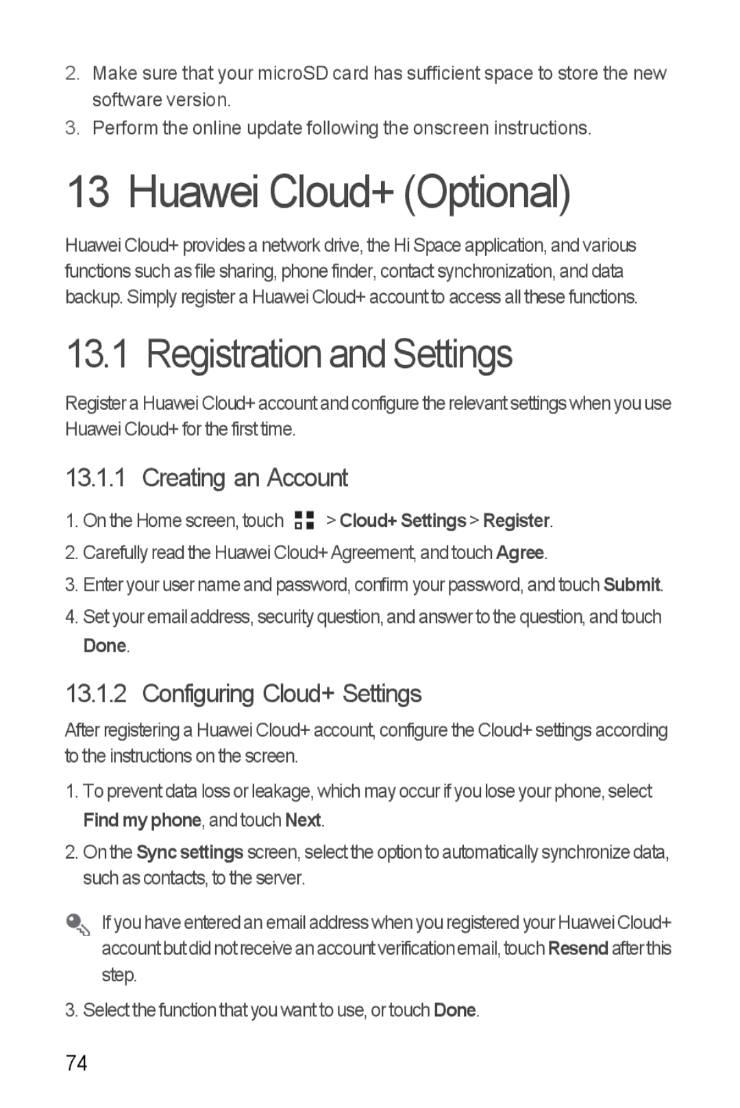 Huawei U8860 manual Huawei Cloud+ Optional, Registration and Settings, Creating an Account, Configuring Cloud+ Settings 