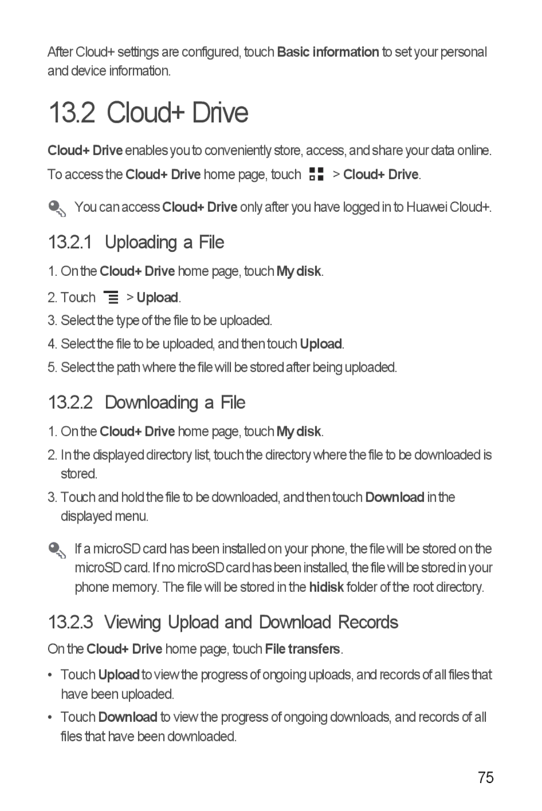 Huawei U8860 manual Cloud+ Drive, Uploading a File, Downloading a File, Viewing Upload and Download Records 