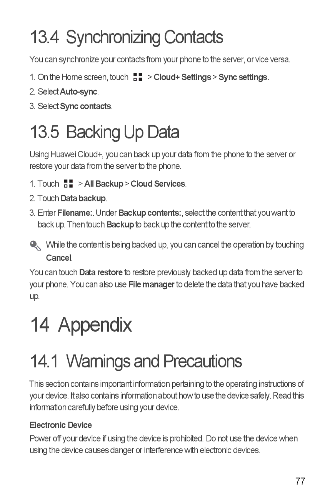 Huawei U8860 manual Appendix, Synchronizing Contacts, Backing Up Data 