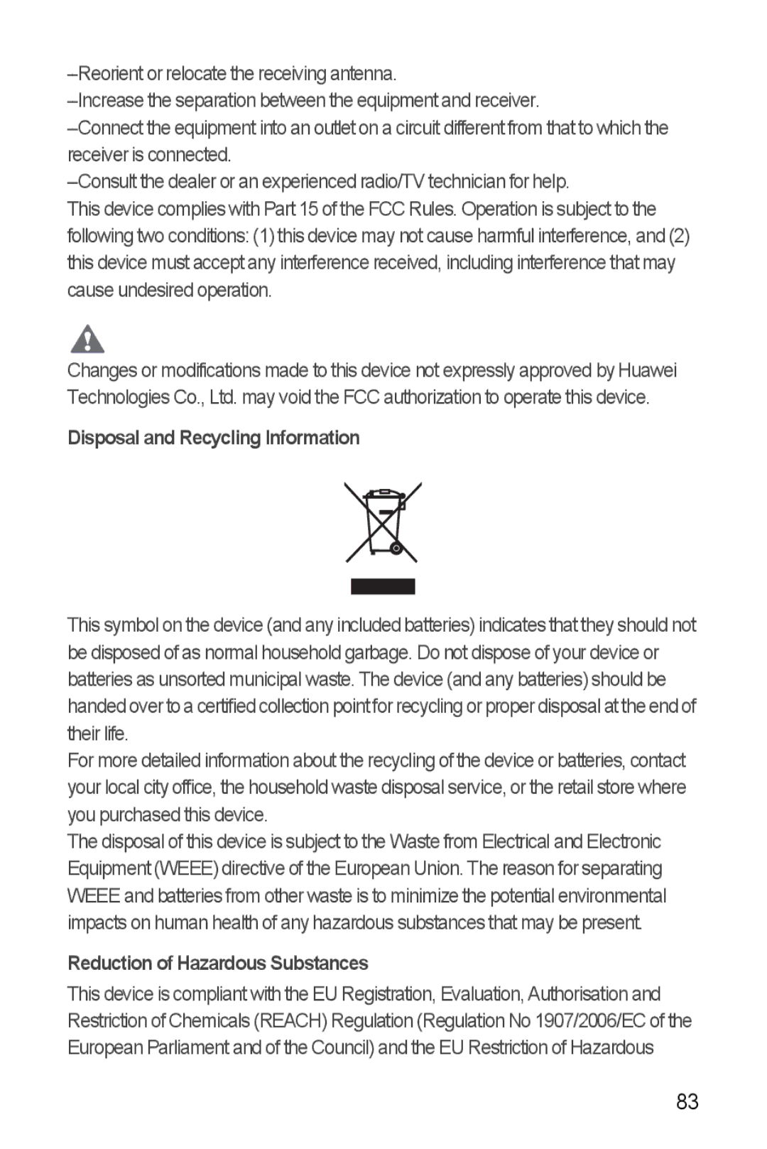 Huawei U8860 manual Disposal and Recycling Information, Reduction of Hazardous Substances 