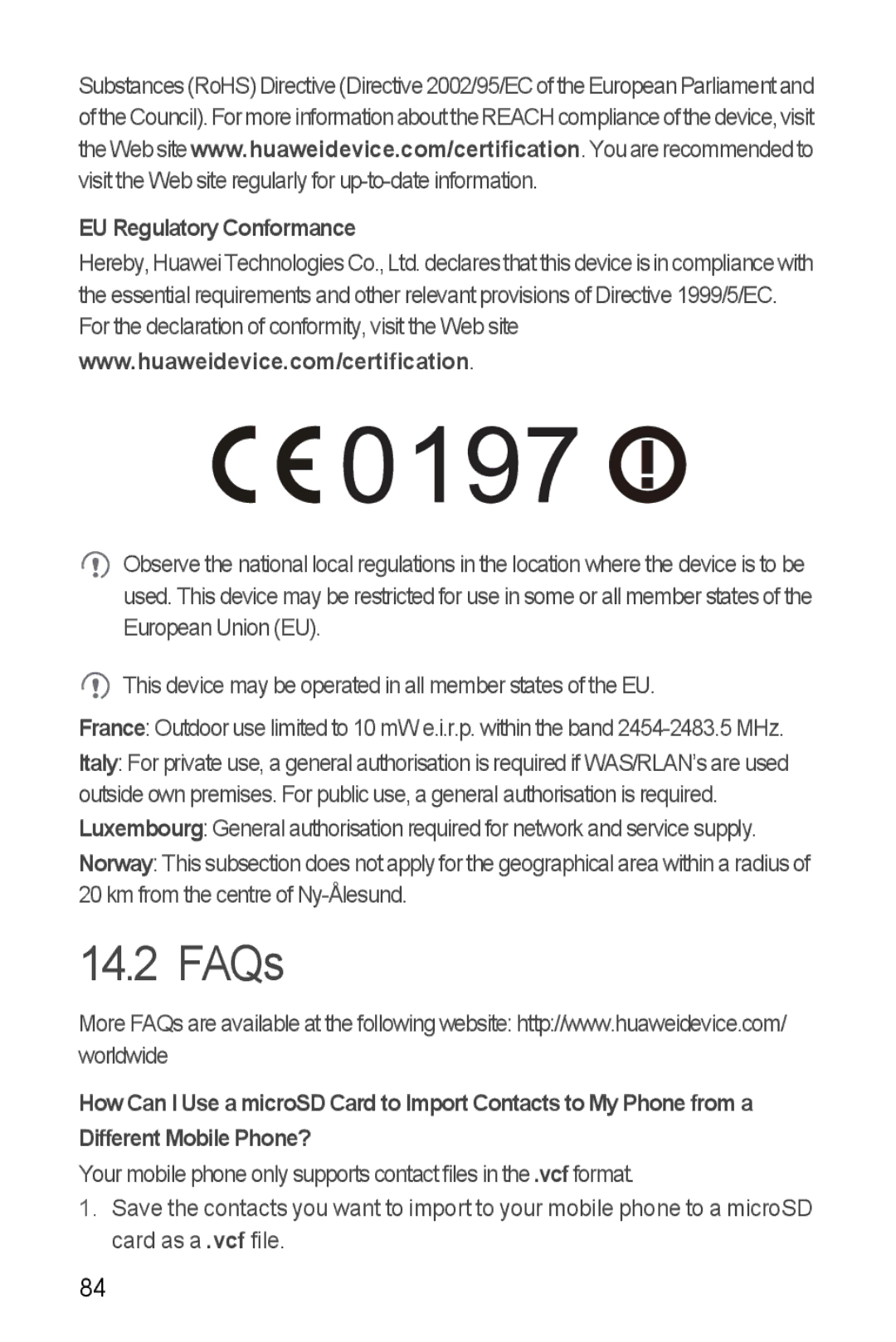 Huawei U8860 manual FAQs, EU Regulatory Conformance 