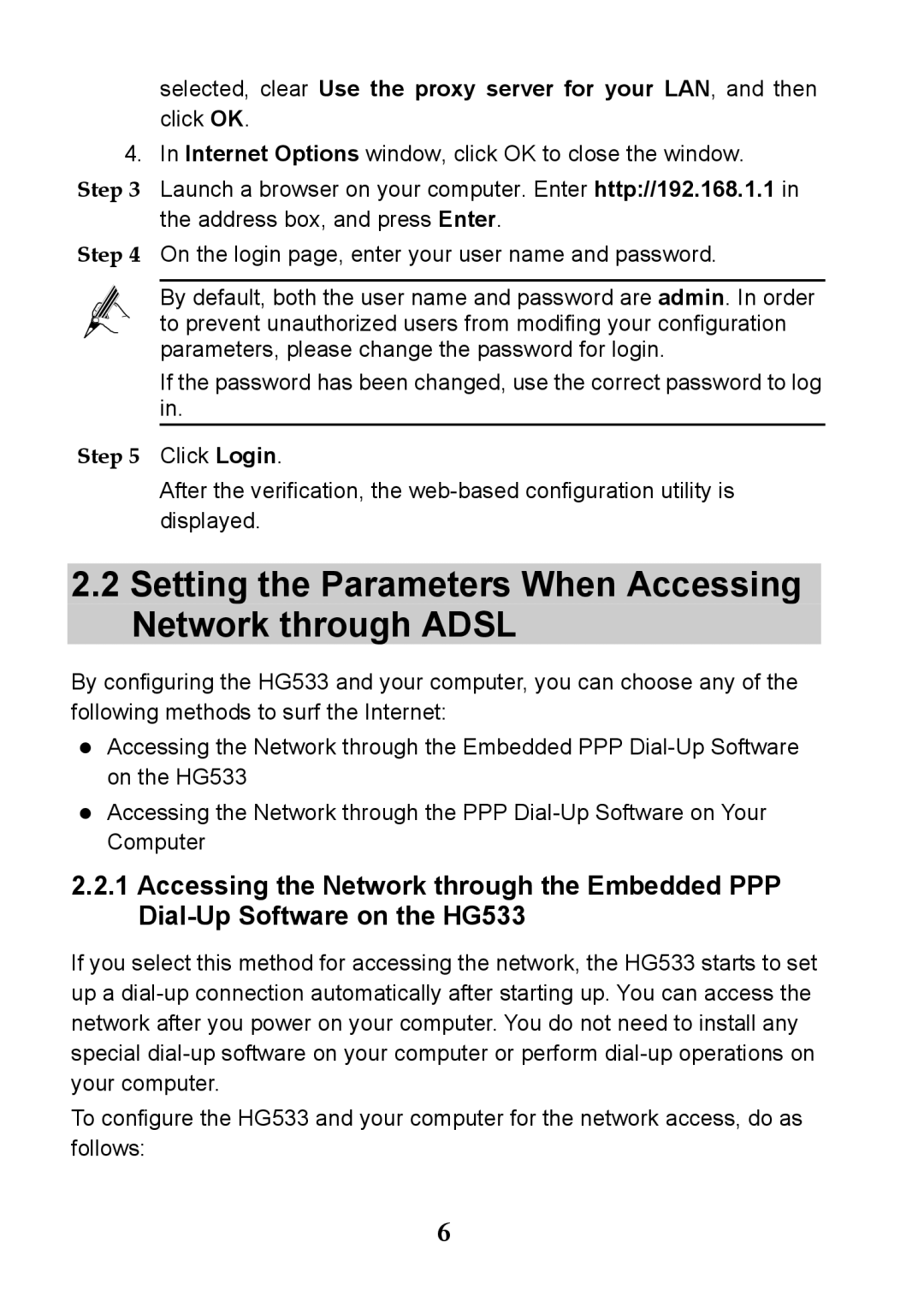 Huawei V100R001 manual Setting the Parameters When Accessing Network through Adsl 