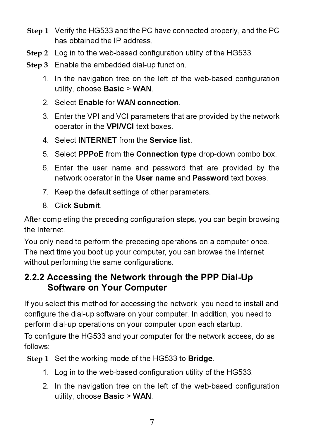 Huawei V100R001 manual Select Enable for WAN connection, Select Internet from the Service list 