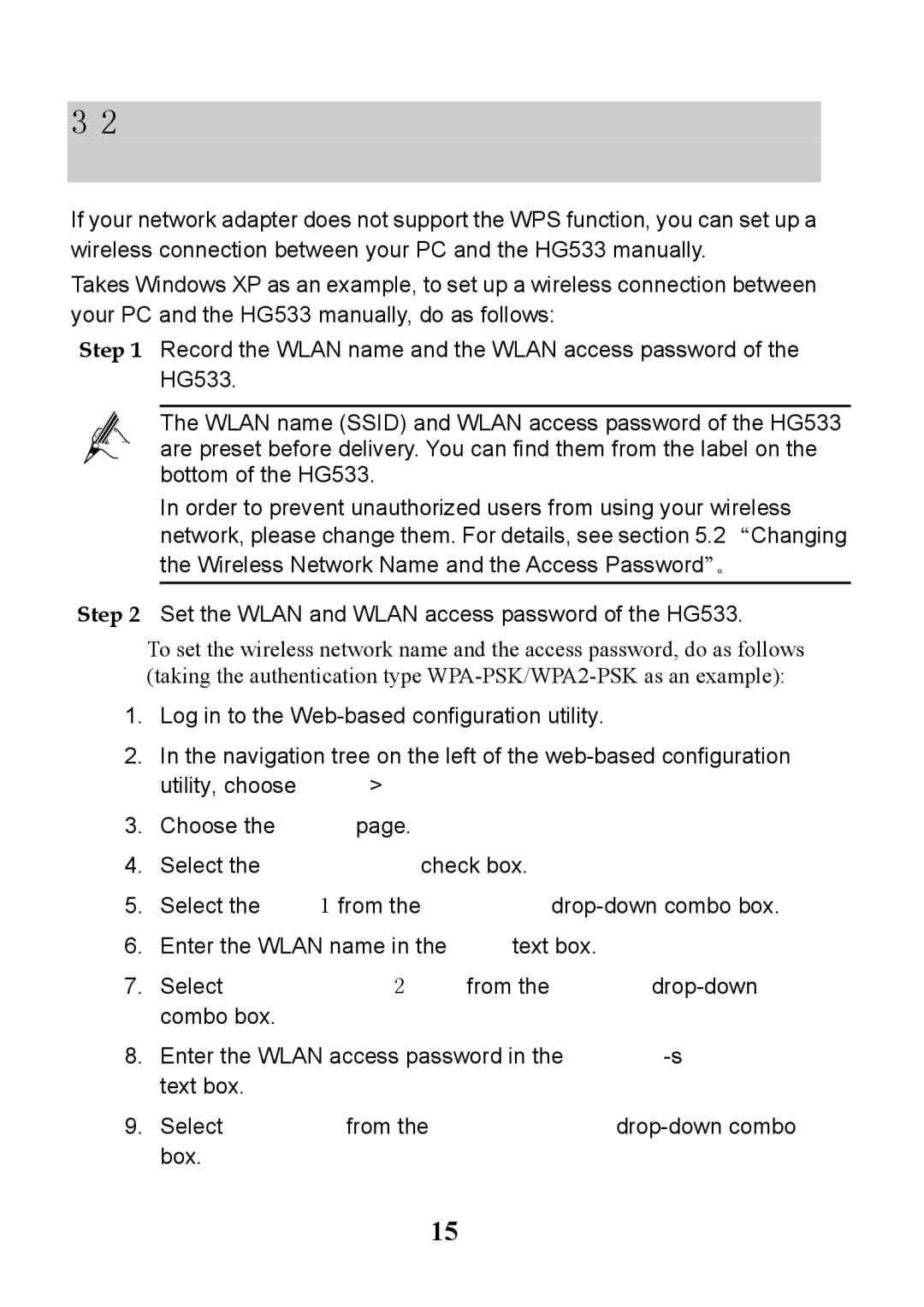 Huawei V100R001 manual Setting Up a Wireless Connection Manually, Set the Wlan and Wlan access password of the HG533 