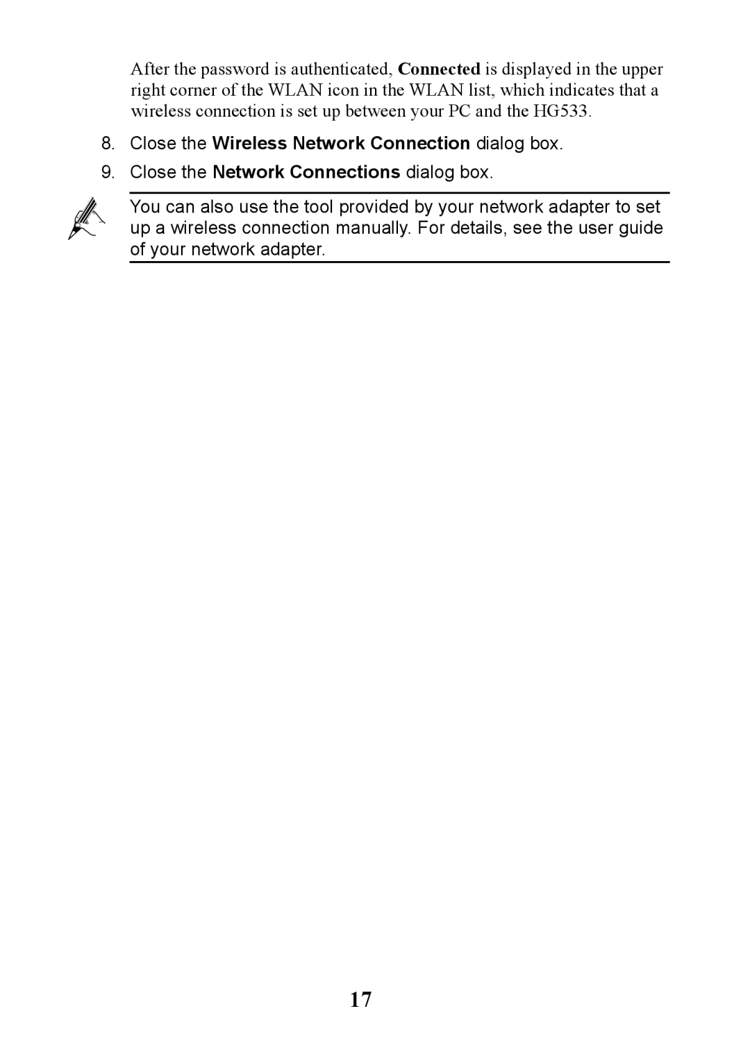 Huawei V100R001 manual Close the Wireless Network Connection dialog box 