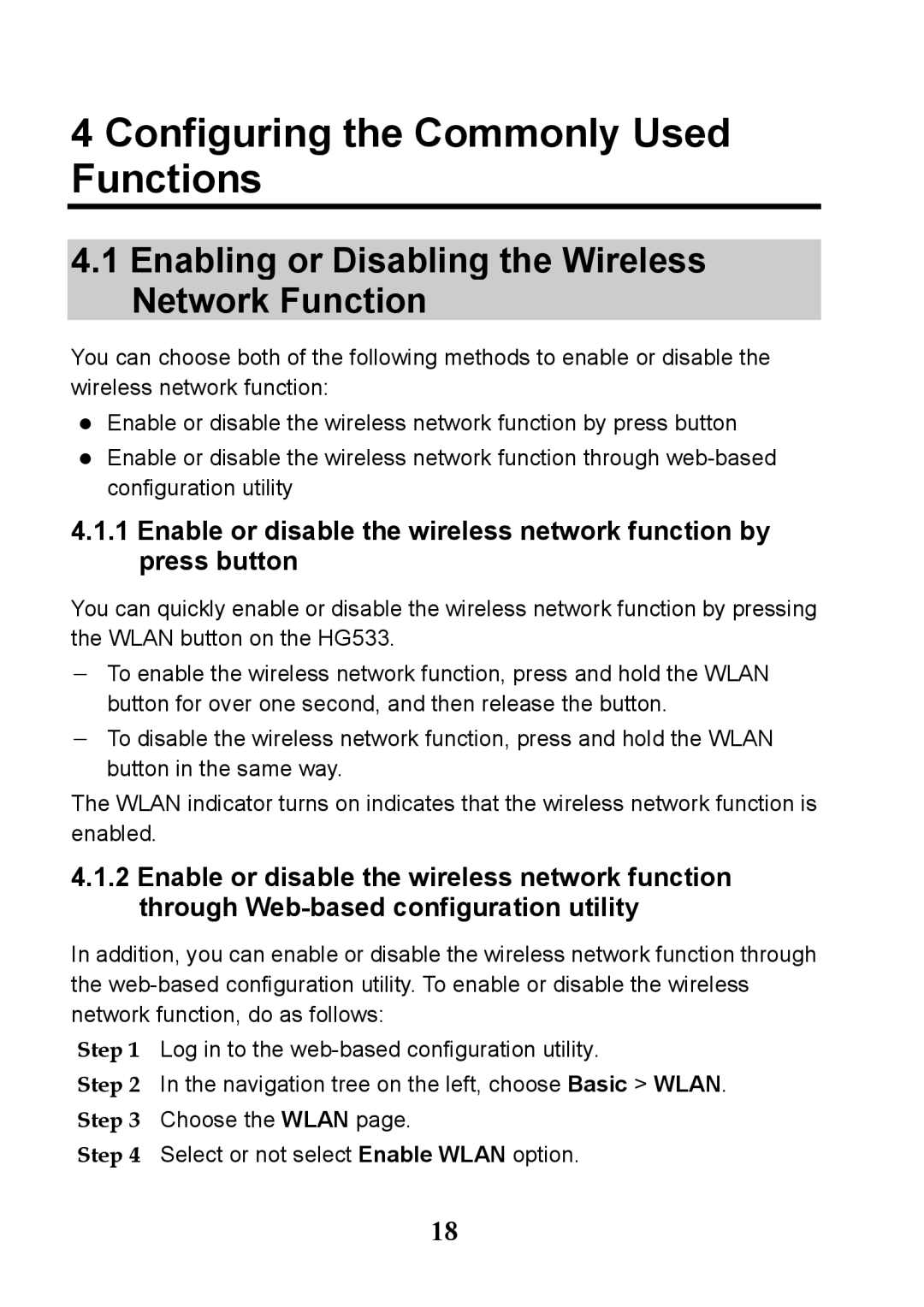 Huawei V100R001 manual Configuring the Commonly Used Functions, Enabling or Disabling the Wireless Network Function 