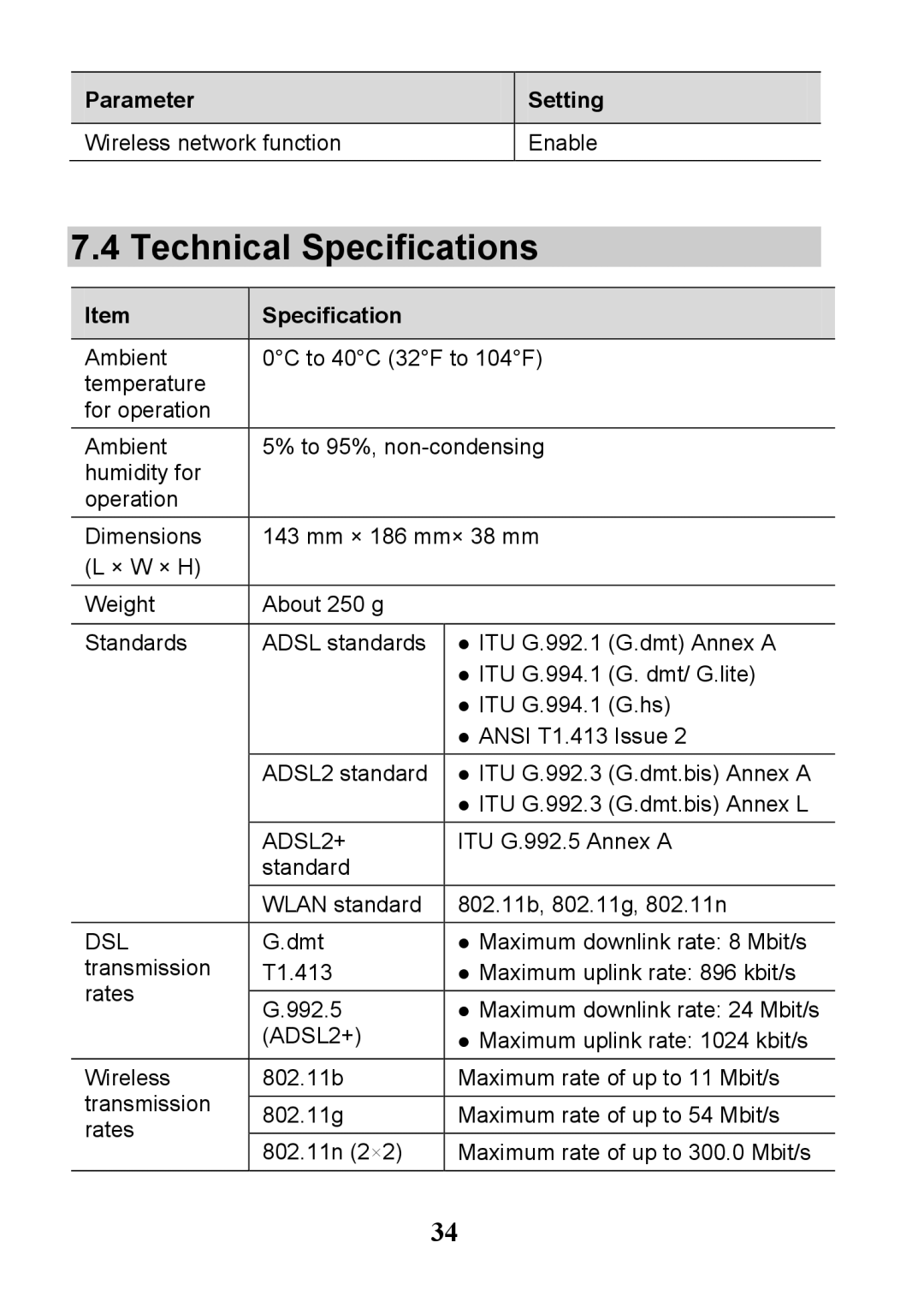 Huawei V100R001 manual Technical Specifications, Parameter Setting Wireless network function Enable 