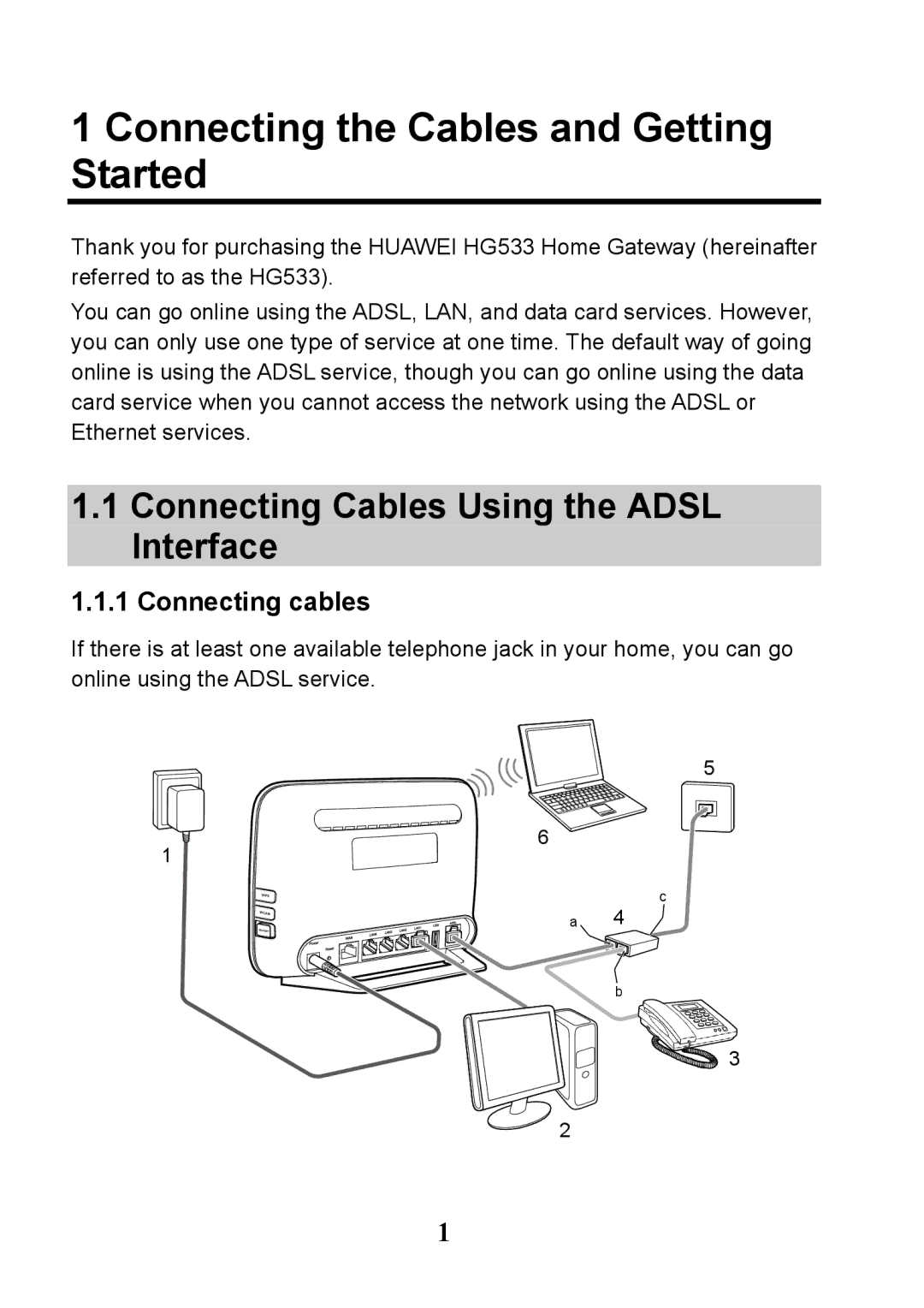 Huawei V100R001 manual Connecting the Cables and Getting Started, Connecting Cables Using the Adsl Interface 