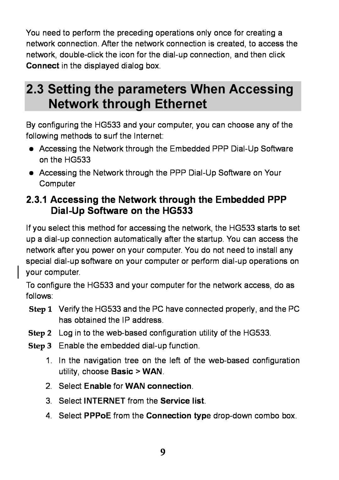 Huawei V100R001 manual Setting the parameters When Accessing Network through Ethernet 