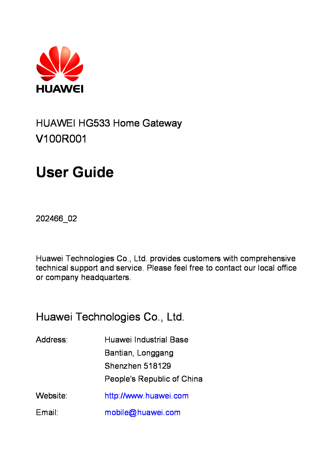 Huawei V100R001 manual User Guide, HUAWEI HG533 Home Gateway, mobile@huawei.com, Peoples Republic of China 