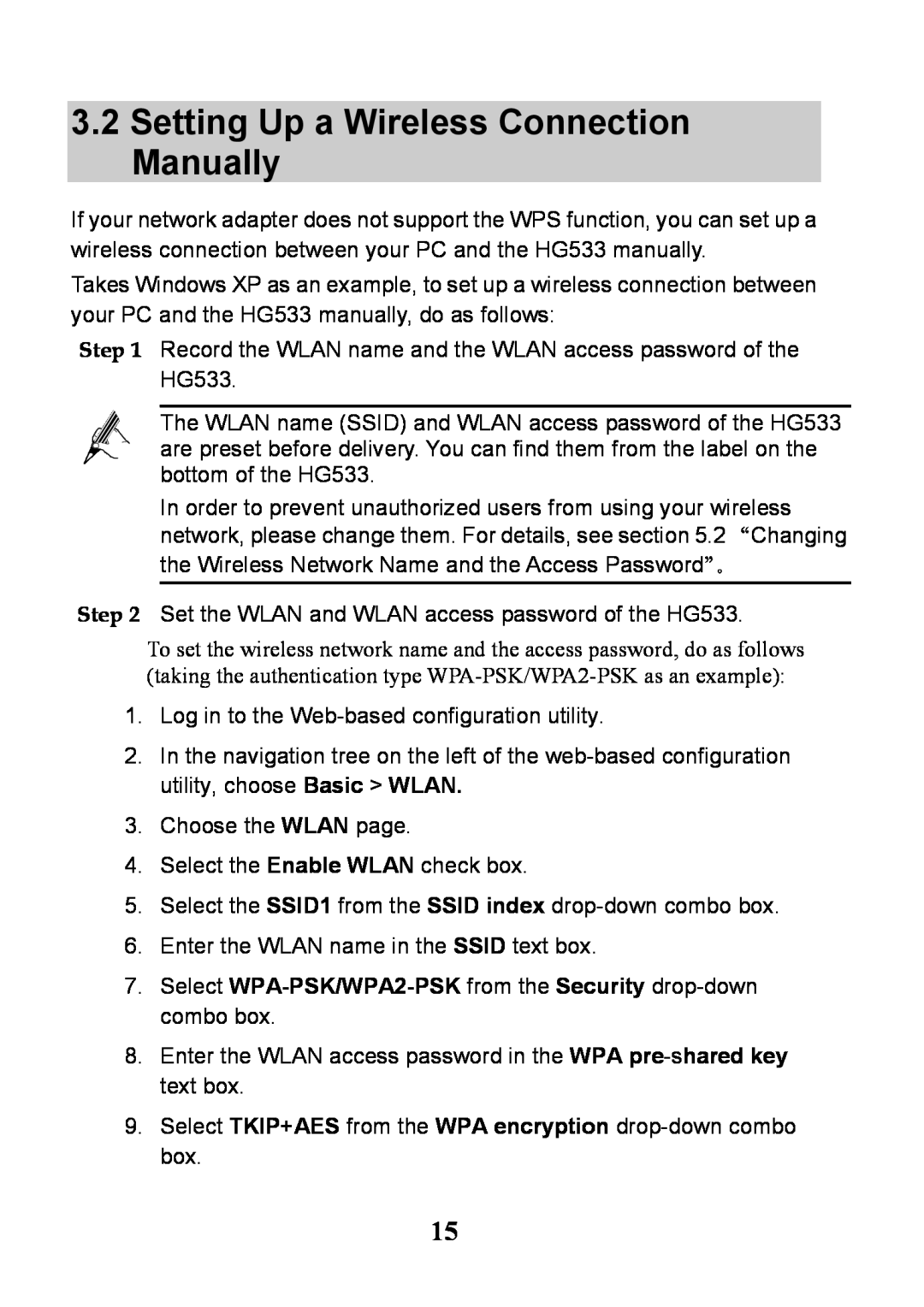 Huawei V100R001 Setting Up a Wireless Connection Manually, Select WPA-PSK/WPA2-PSK from the Security drop-down combo box 
