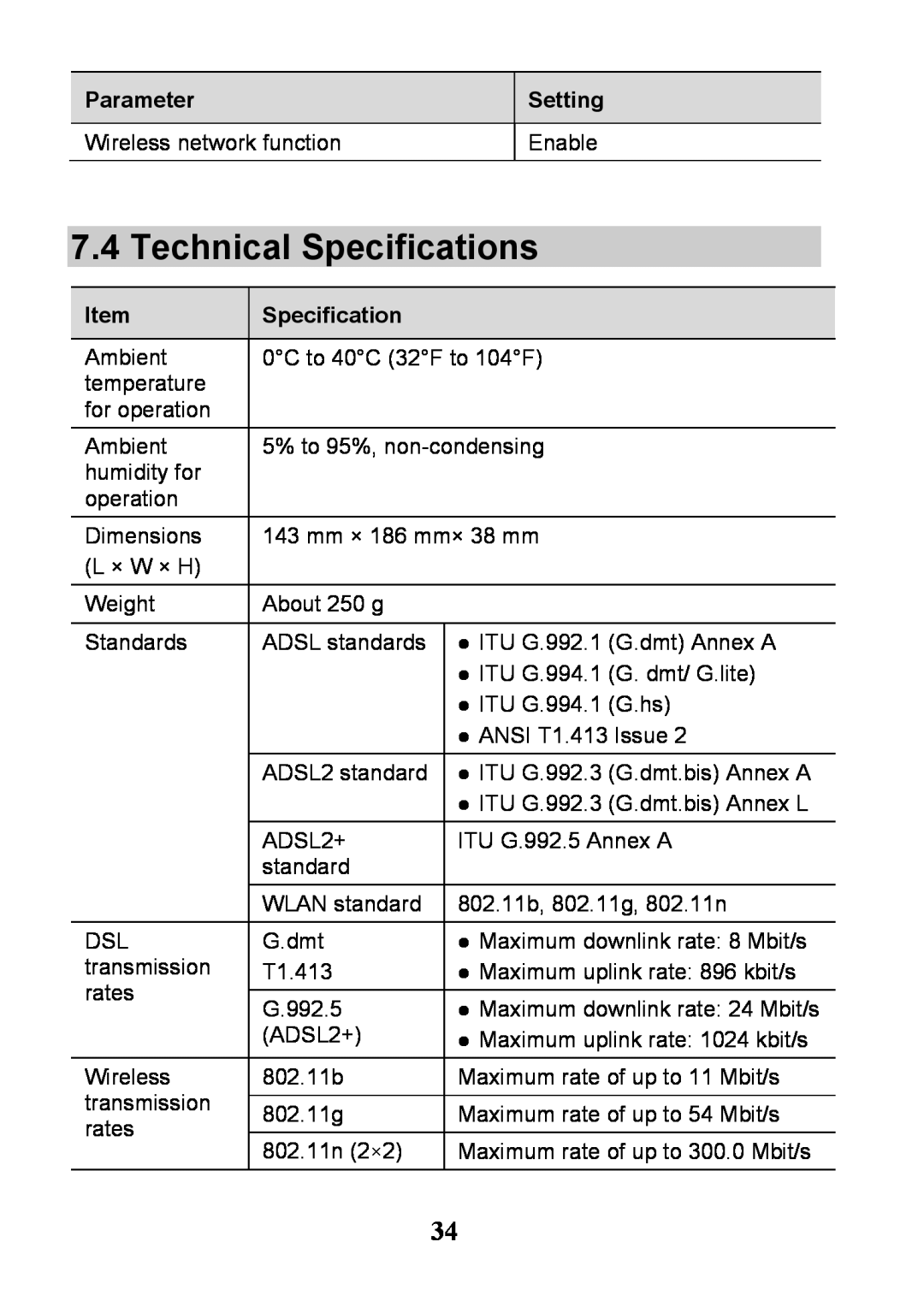 Huawei V100R001 manual Technical Specifications,  Maximum downlink rate 24 Mbit/s 