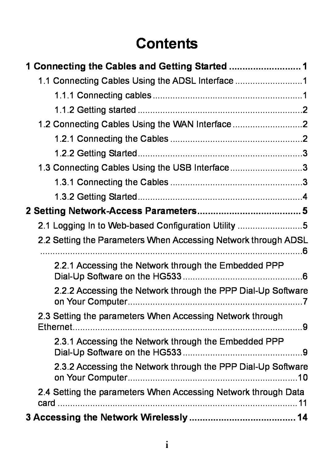 Huawei V100R001 manual Contents, Connecting the Cables and Getting Started, Setting Network-Access Parameters 