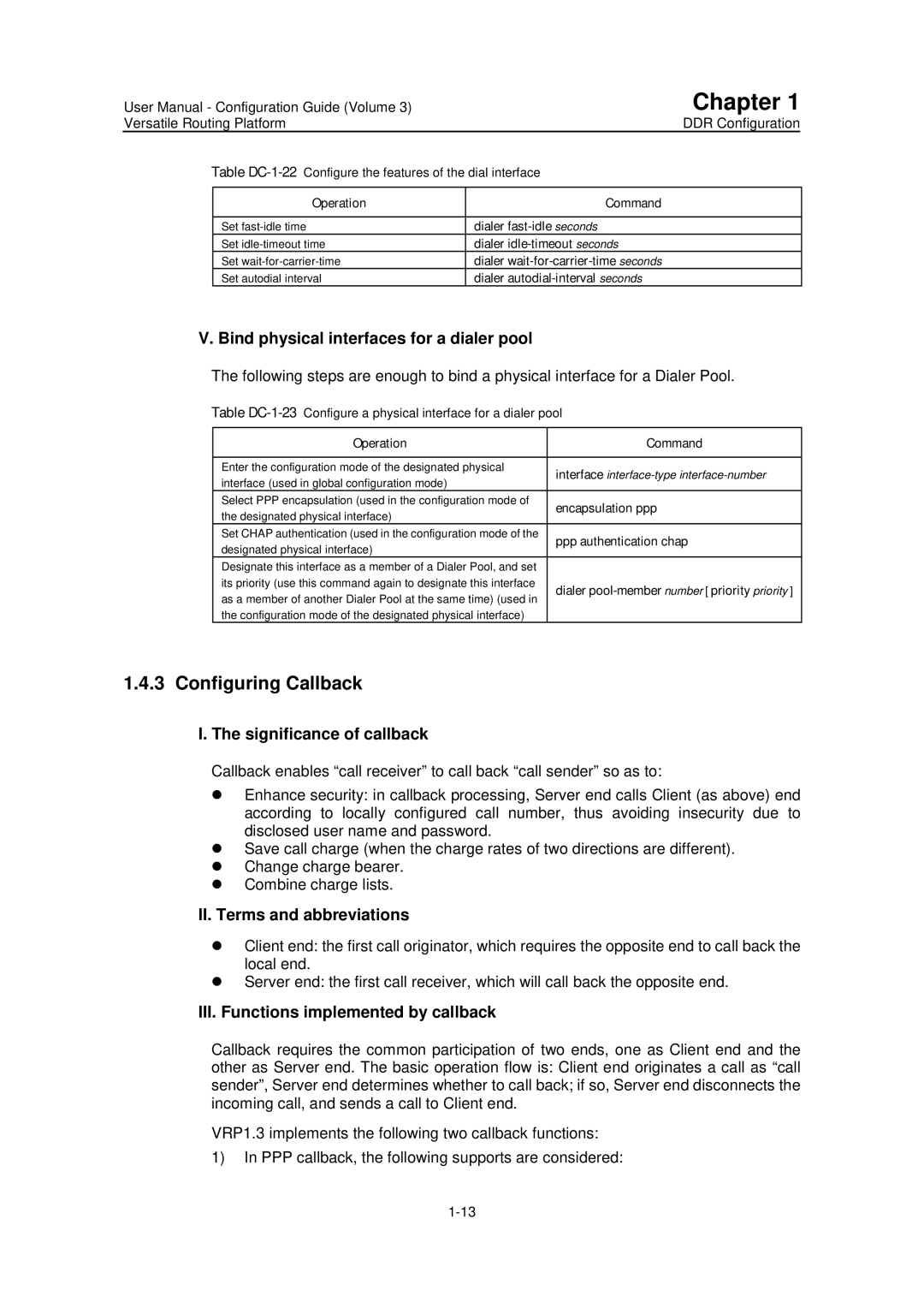 Huawei v200r001 user manual Configuring Callback, Bind physical interfaces for a dialer pool, Significance of callback 