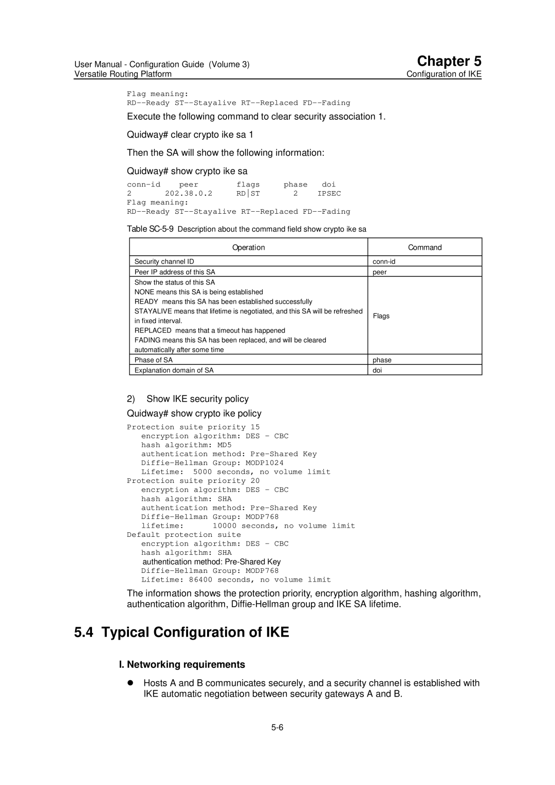 Huawei v200r001 user manual Networking requirements, Show IKE security policy Quidway# show crypto ike policy 