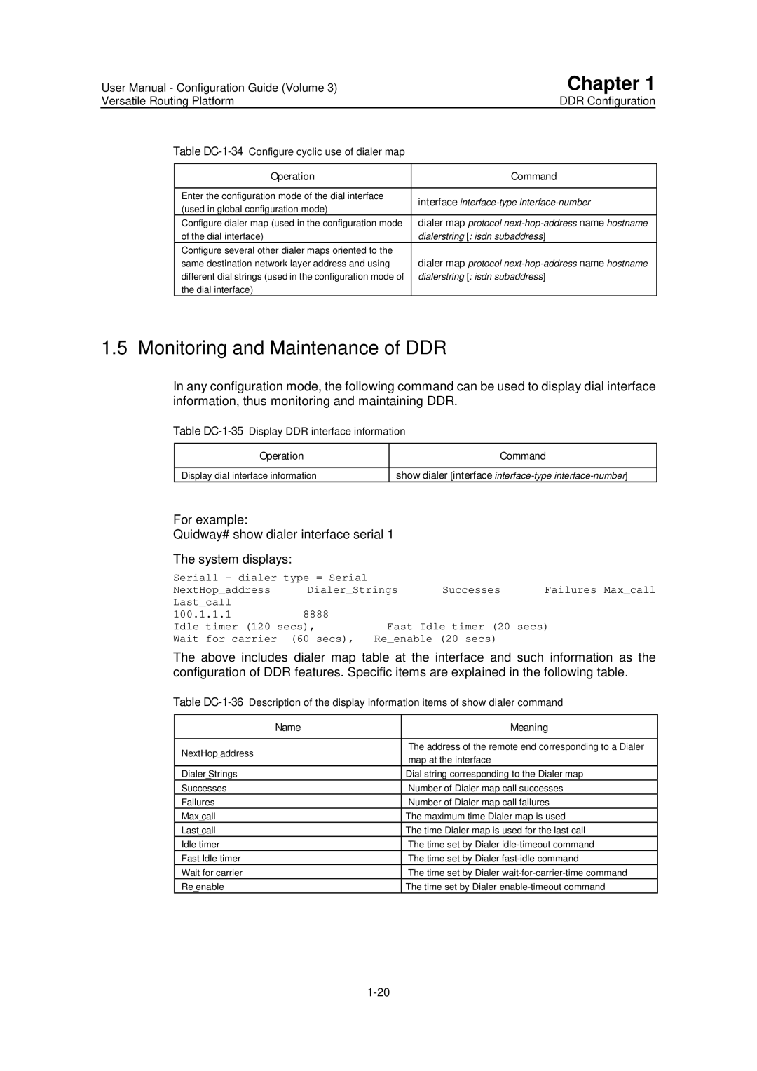 Huawei v200r001 Monitoring and Maintenance of DDR, Table DC-1-34Configure cyclic use of dialer map, Name Meaning 