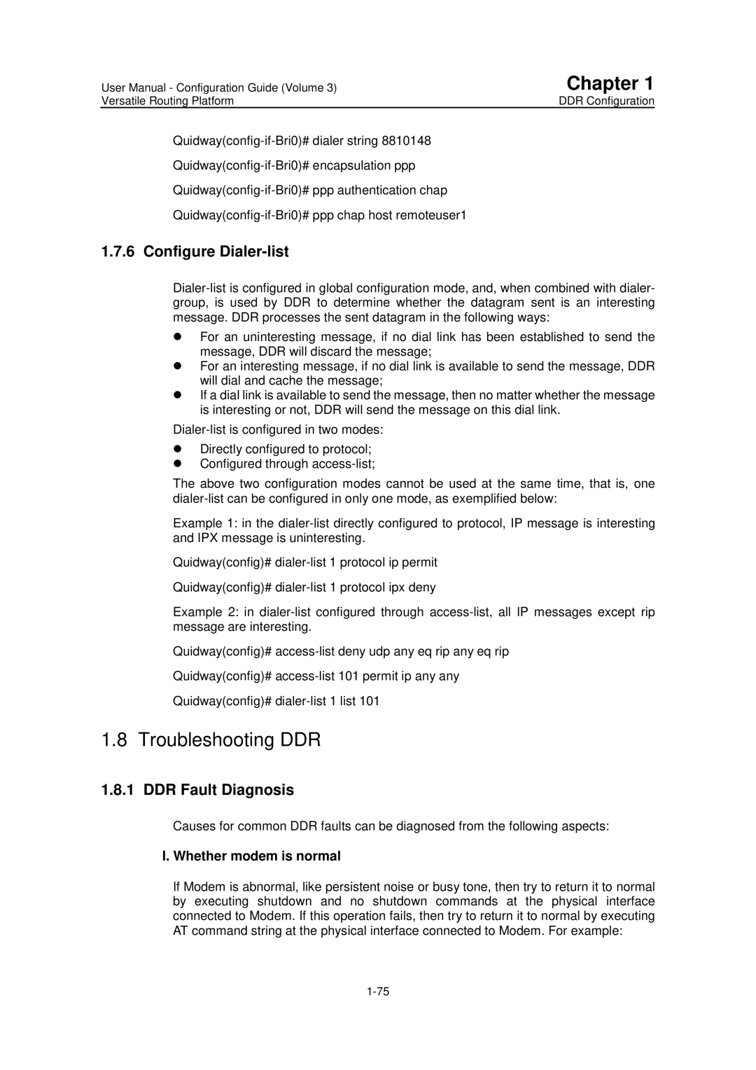 Huawei v200r001 user manual Troubleshooting DDR, Configure Dialer-list, DDR Fault Diagnosis, Whether modem is normal 