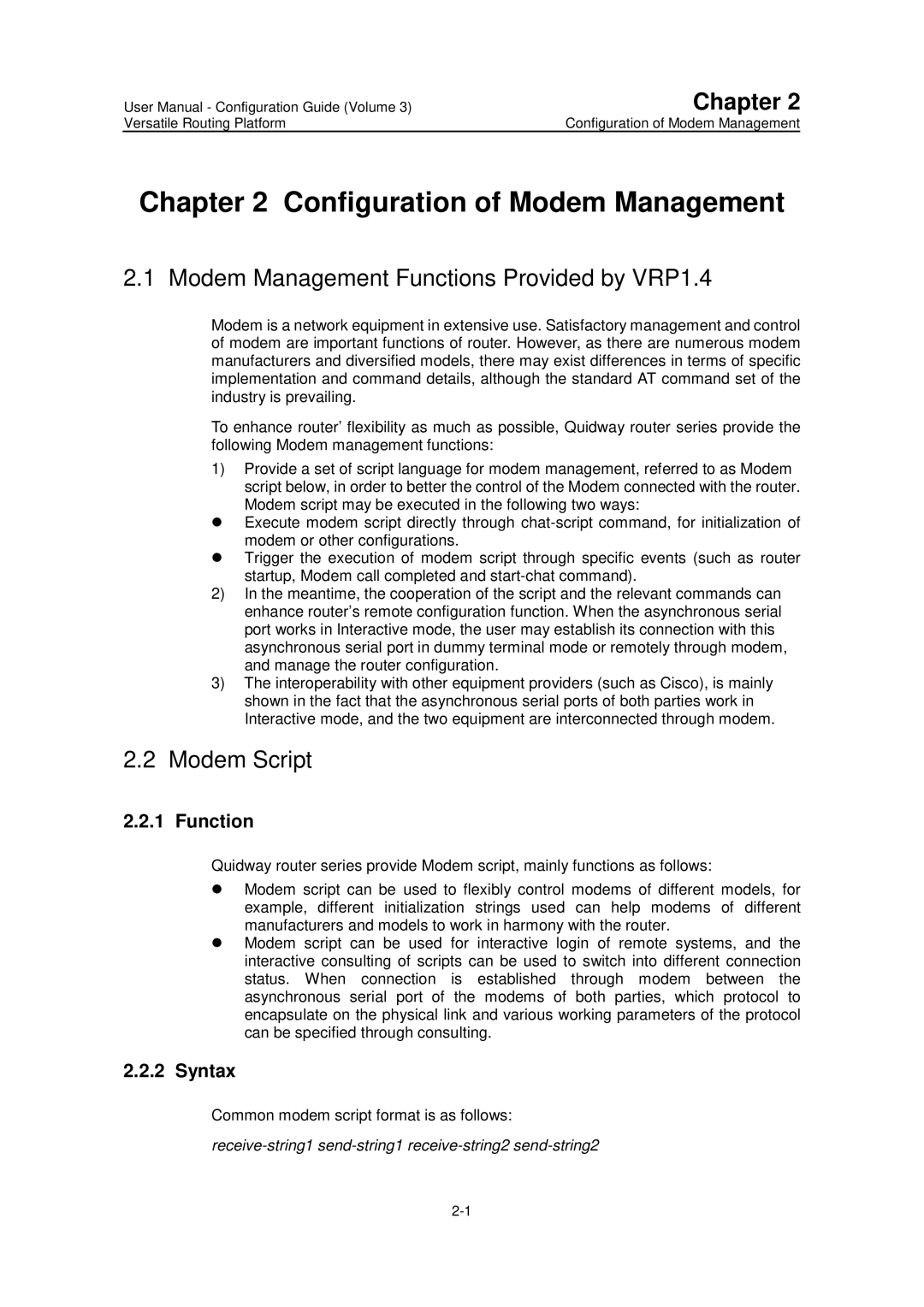 Huawei v200r001 Configuration of Modem Management, Modem Management Functions Provided by VRP1.4, Modem Script, Syntax 