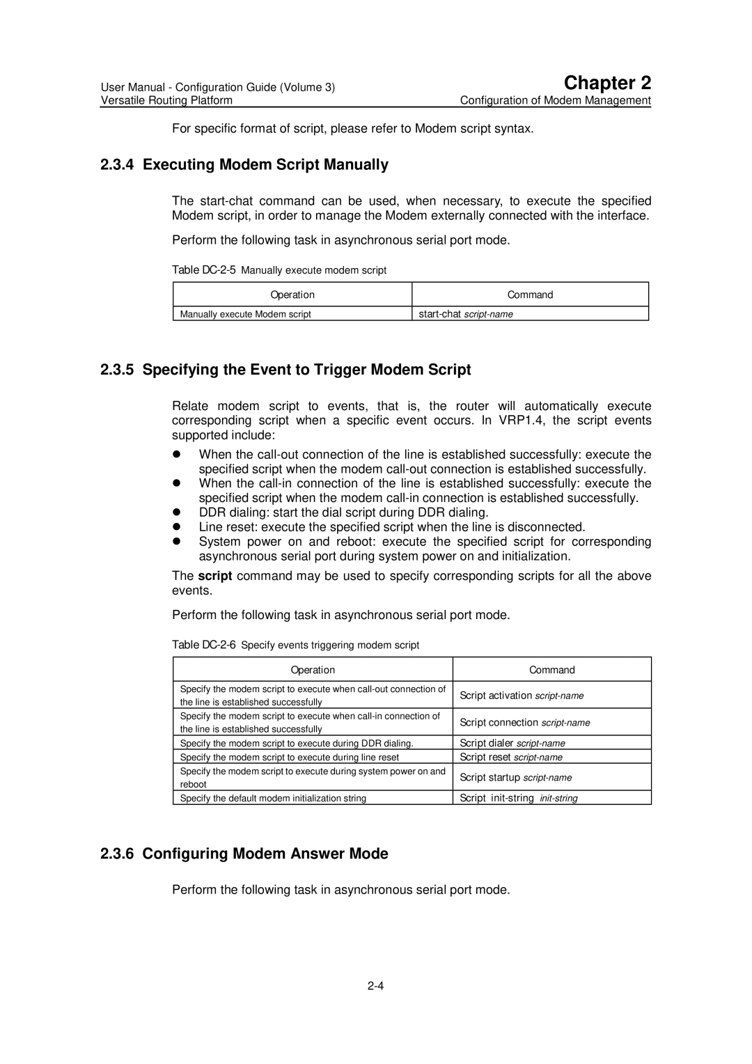 Huawei v200r001 user manual Executing Modem Script Manually, Specifying the Event to Trigger Modem Script 