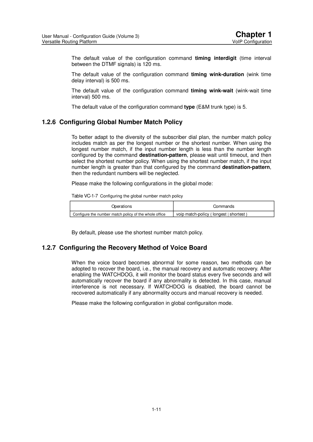 Huawei v200r001 user manual Configuring Global Number Match Policy, Configuring the Recovery Method of Voice Board 