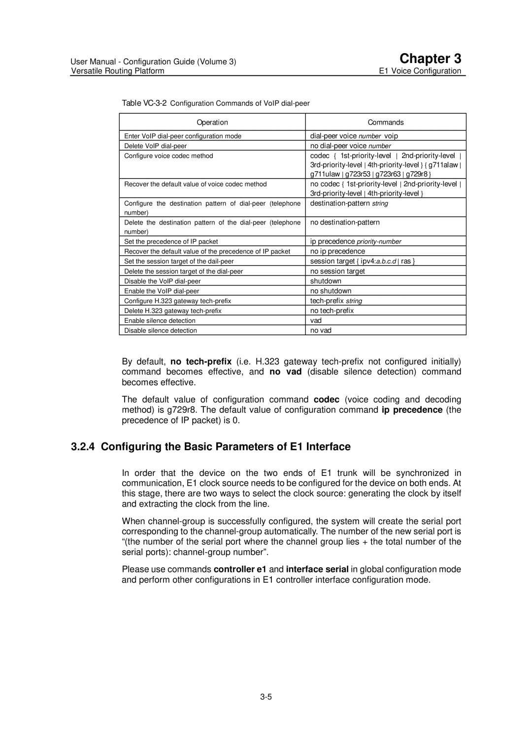 Huawei v200r001 Configuring the Basic Parameters of E1 Interface, Table VC-3-2Configuration Commands of VoIP dial-peer 