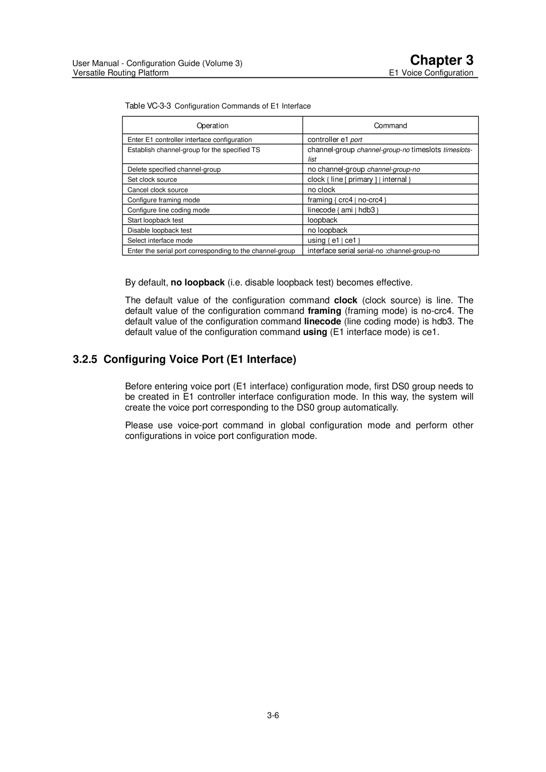 Huawei v200r001 user manual Configuring Voice Port E1 Interface, Table VC-3-3Configuration Commands of E1 Interface 