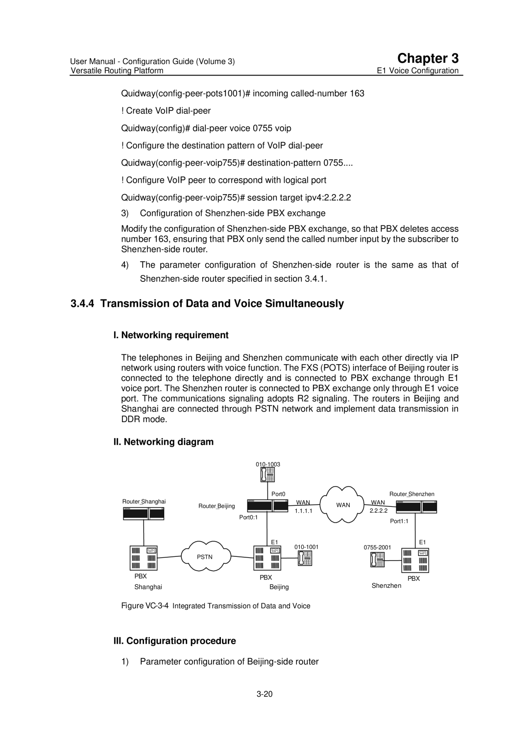 Huawei v200r001 user manual Transmission of Data and Voice Simultaneously, Parameter configuration of Beijing-side router 