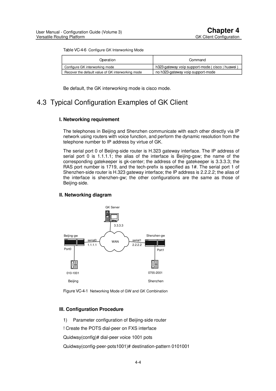 Huawei v200r001 user manual Typical Configuration Examples of GK Client, Be default, the GK interworking mode is cisco mode 