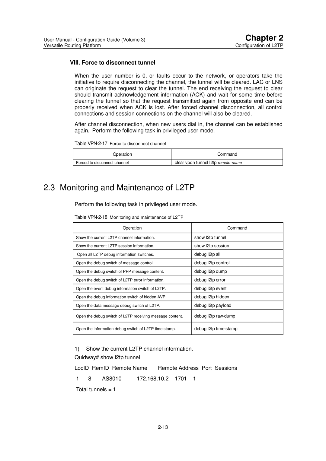 Huawei v200r001 user manual Monitoring and Maintenance of L2TP, VIII. Force to disconnect tunnel 