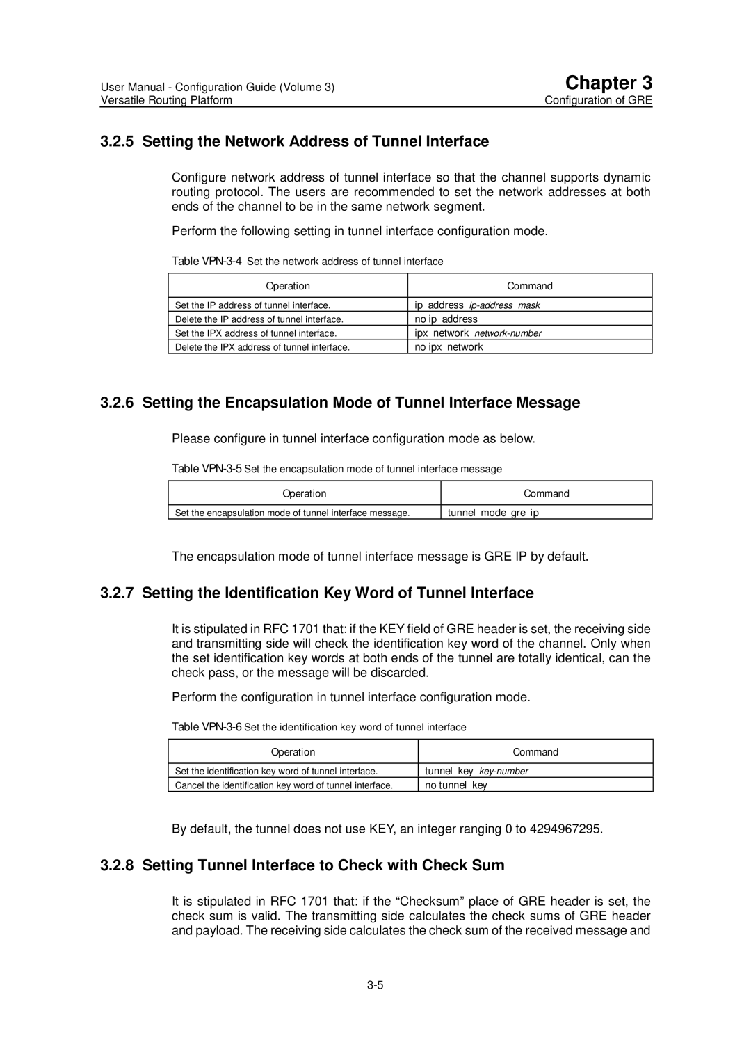 Huawei v200r001 Setting the Network Address of Tunnel Interface, Setting the Identification Key Word of Tunnel Interface 