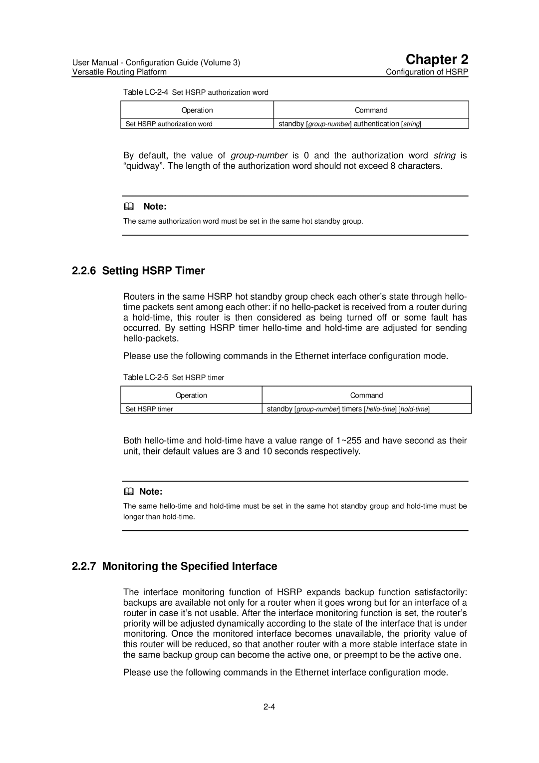 Huawei v200r001 user manual Setting Hsrp Timer, Monitoring the Specified Interface, Table LC-2-4Set Hsrp authorization word 