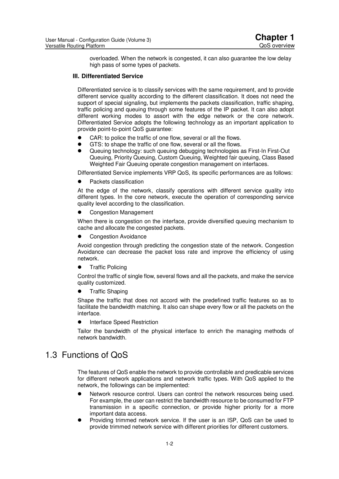 Huawei v200r001 user manual Functions of QoS, III. Differentiated Service 