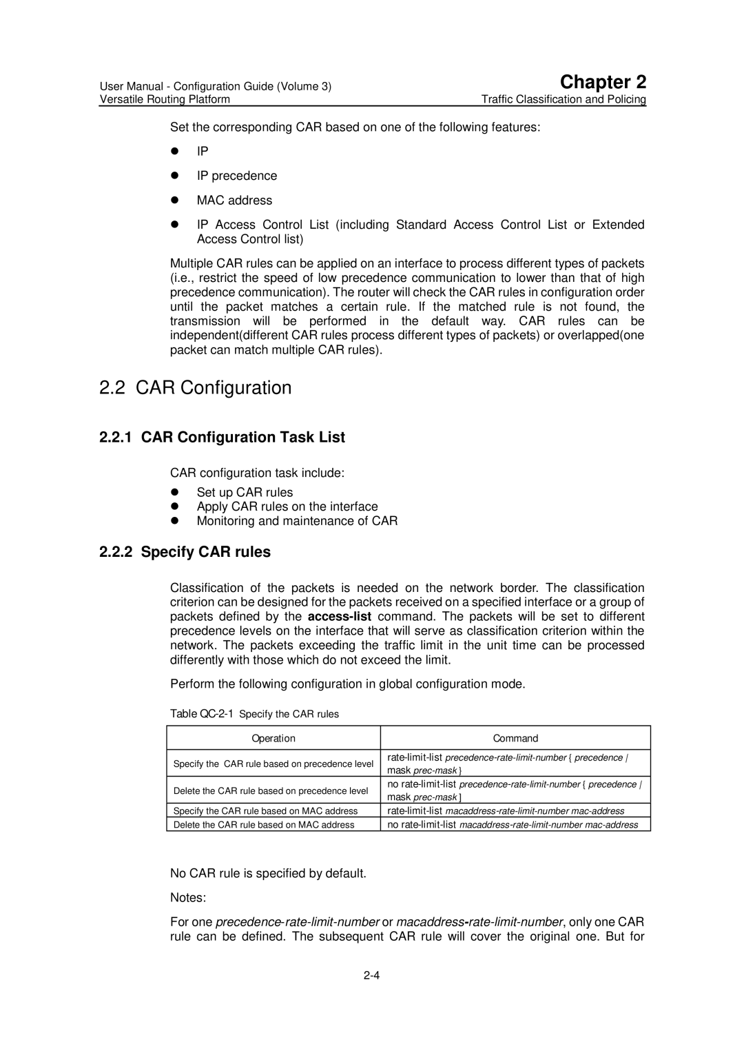 Huawei v200r001 user manual CAR Configuration Task List, Specify CAR rules, No CAR rule is specified by default 