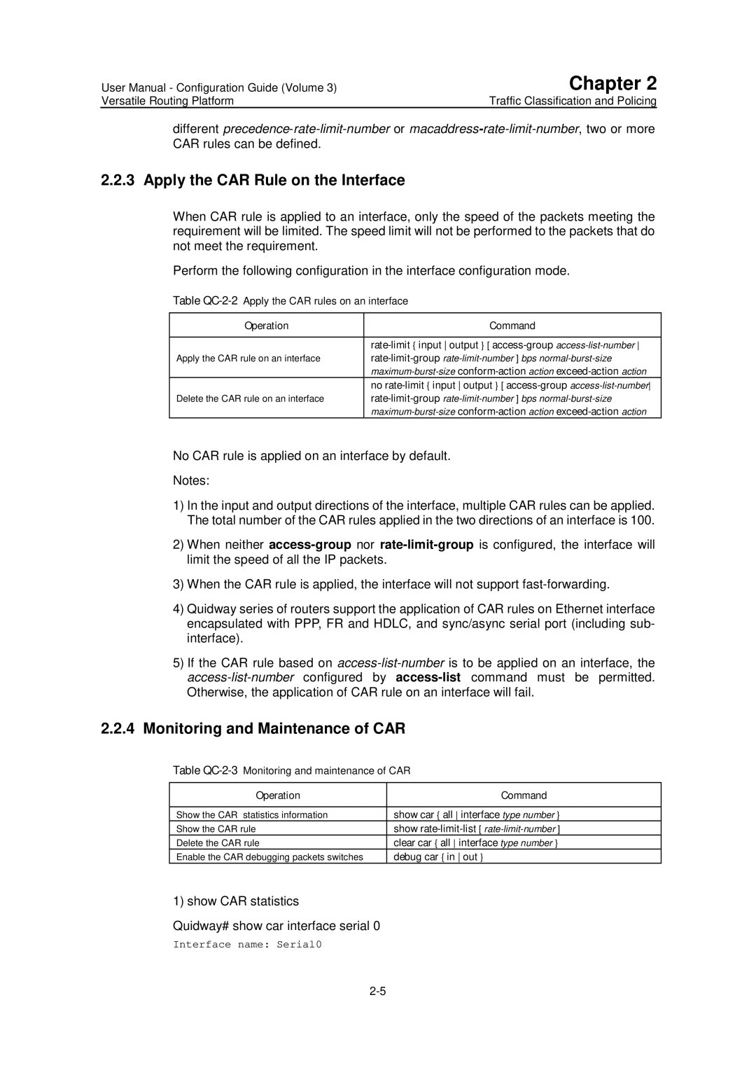 Huawei v200r001 user manual Apply the CAR Rule on the Interface, Monitoring and Maintenance of CAR 