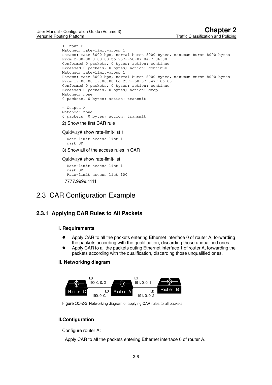 Huawei v200r001 user manual CAR Configuration Example, Applying CAR Rules to All Packets, Requirements, II.Configuration 