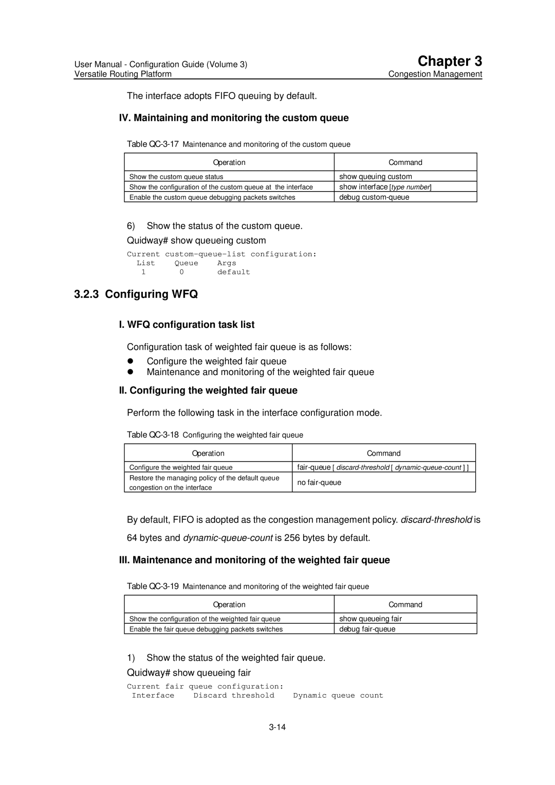 Huawei v200r001 user manual Configuring WFQ, IV. Maintaining and monitoring the custom queue, WFQ configuration task list 