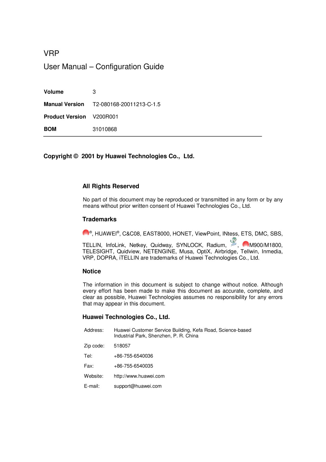 Huawei v200r001 user manual Vrp, All Rights Reserved Trademarks 