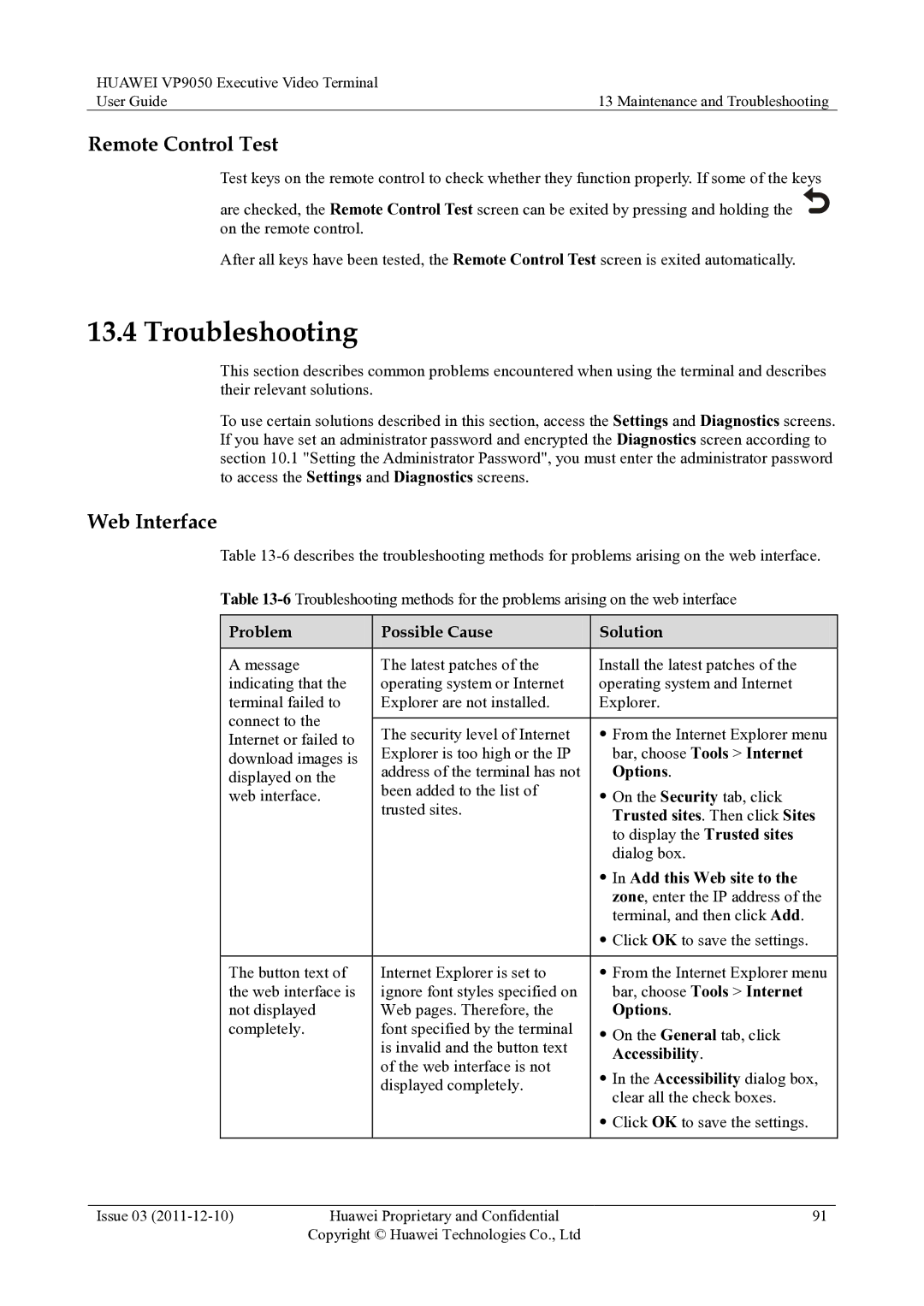 Huawei VP9050 manual Troubleshooting, Remote Control Test, Web Interface 