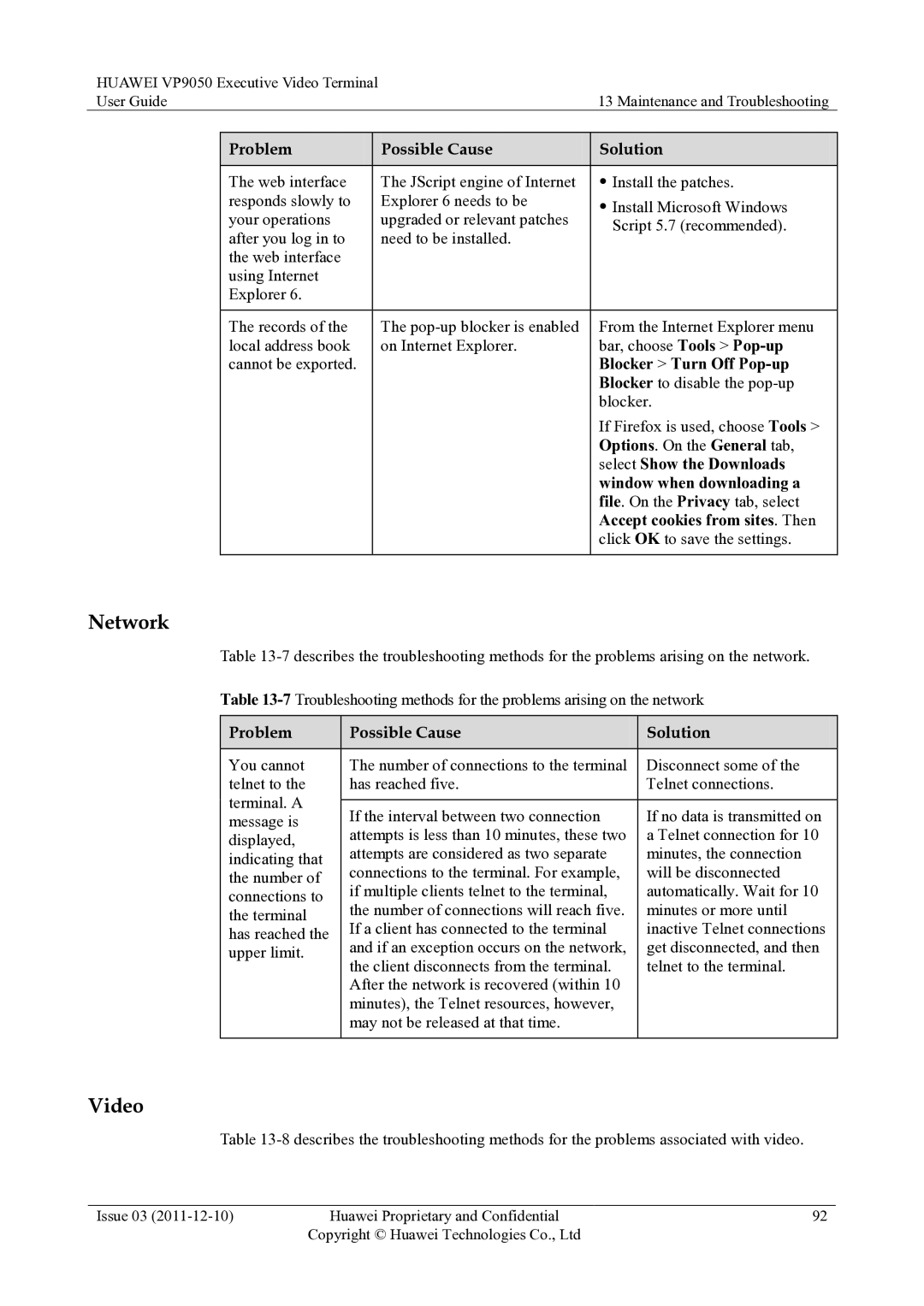 Huawei VP9050 manual Network, Video 