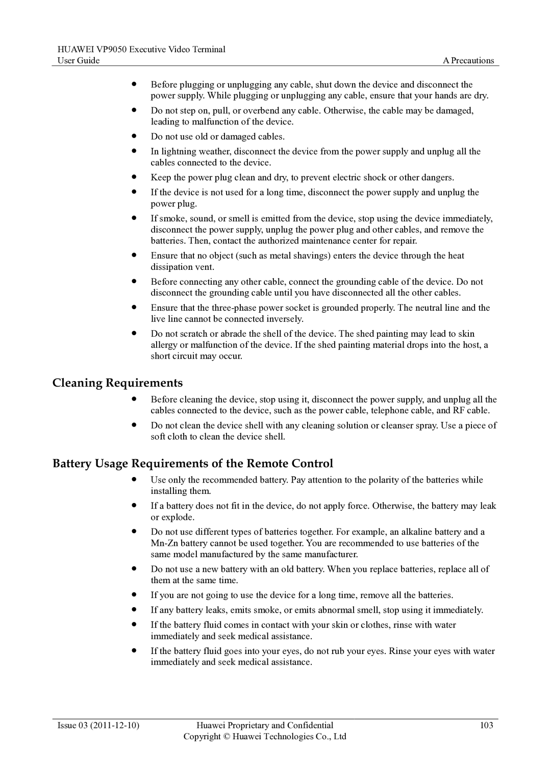 Huawei VP9050 manual Cleaning Requirements, Battery Usage Requirements of the Remote Control 