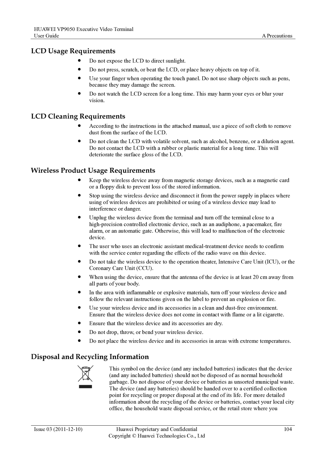 Huawei VP9050 manual LCD Usage Requirements, LCD Cleaning Requirements, Wireless Product Usage Requirements 