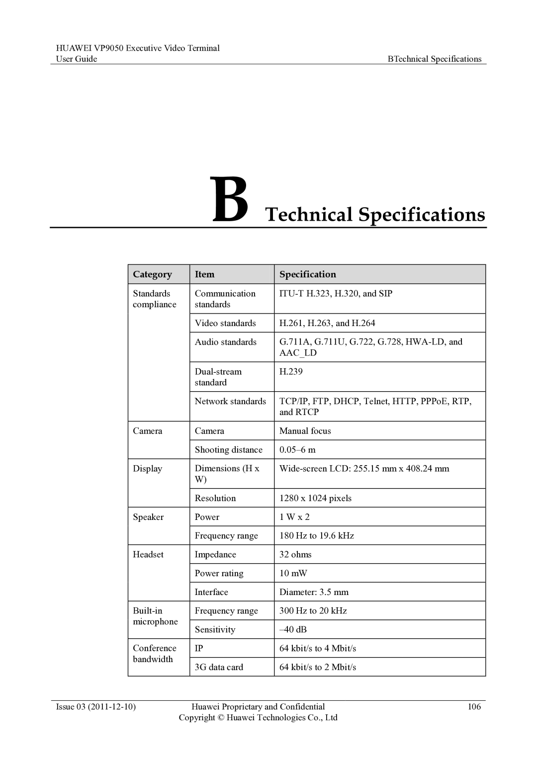 Huawei VP9050 manual Technical Specifications, Category Specification 