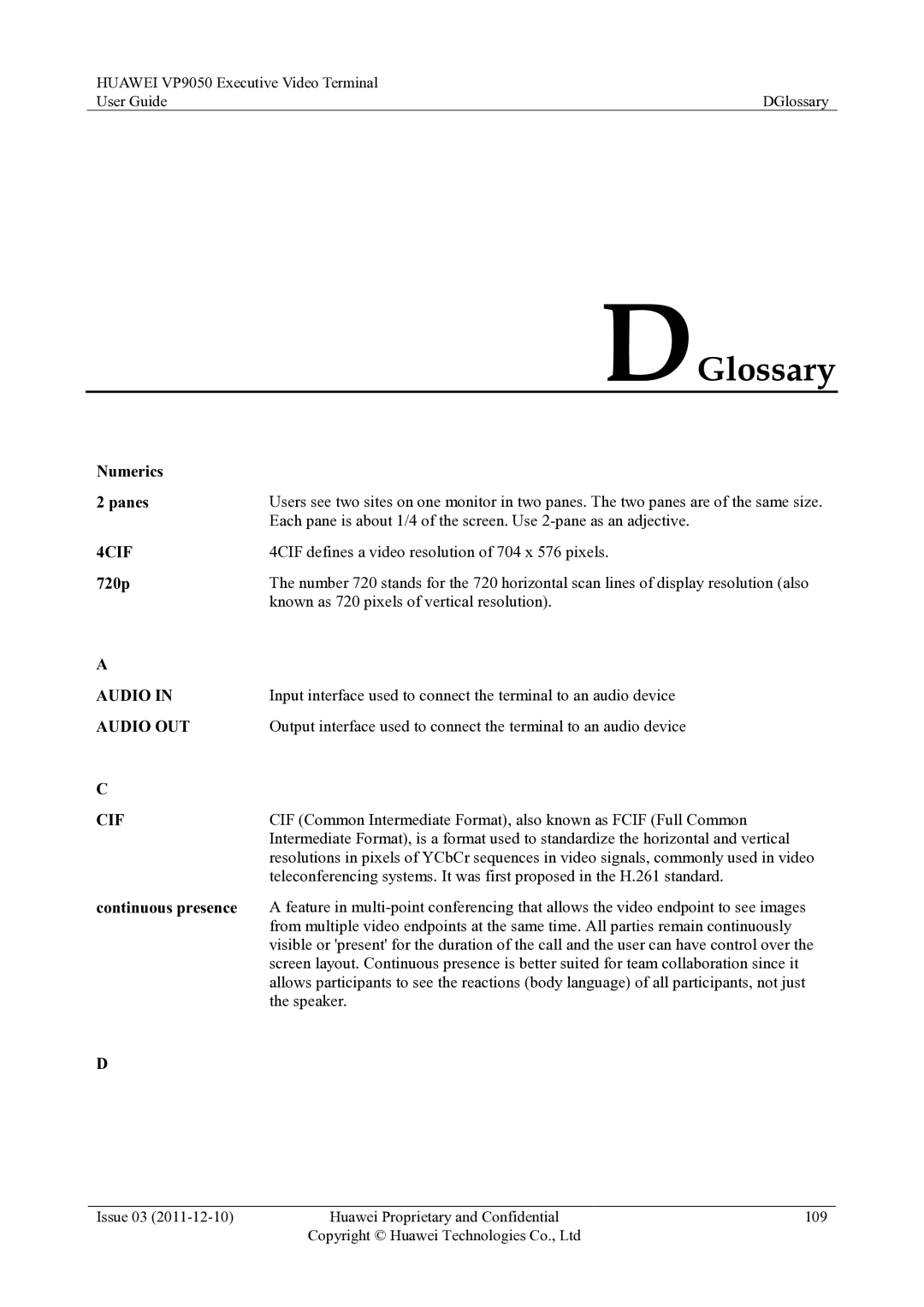 Huawei VP9050 manual DGlossary, Numerics Panes, 720p, Continuous presence 